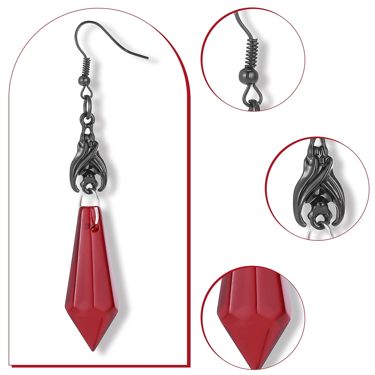 Sibba Gothic Bat Dangle Earrings 2 Pairs Crystal Gems Dangle Dark Punk Rock Studs Halloween Drop Earrings Red Black Animal Earrings Removable Ear Studs Jewelry Costumes for Women Party Halloween