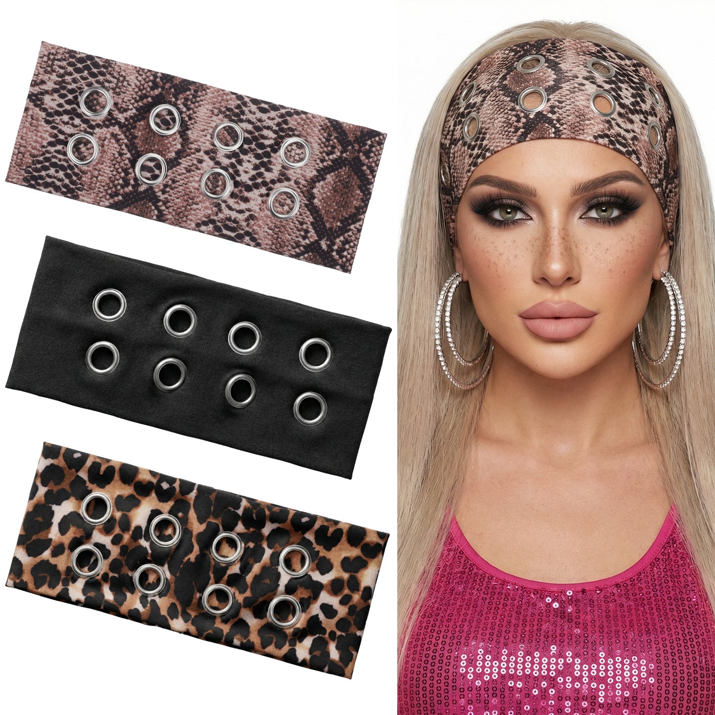 Hadnves 3 Pcs Grommet Headband for Women Hollow Out Eyelets Grunge Wide Headbands Punk Grunge Elastic Wide Black Hairband Metal Rock Stretchy Hair Band Fashionable Metal Casual Daily Hair Accessory