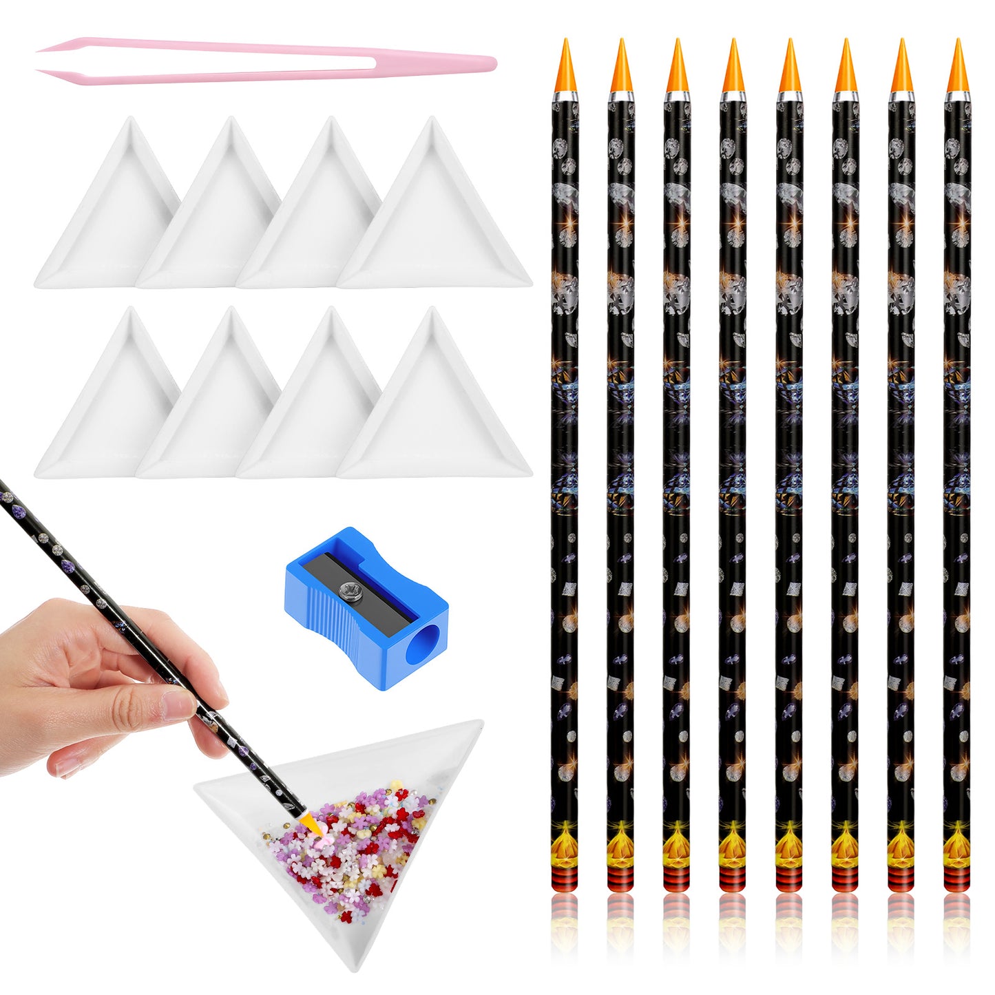 FNANJWQ 18 Pcs Wax Pencil for Rhinestones, Long Resin Jewel Picker Tool Rhinestone Picker Tool Kit for Nail Art Gem Dotting with Tweezers Sharpener and Triangular Plate