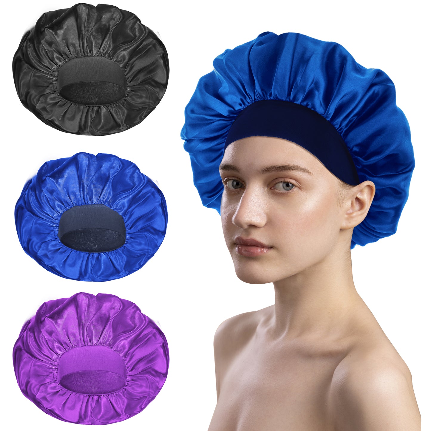 COMNICO Satin Bonnet for Sleeping, 3 Pcs Silk Bonnets Wide Soft Women Bonnet Large Elastic Band Hair Bonnet Shower Cap Hair Wrap for Black Women Men Curly Hair