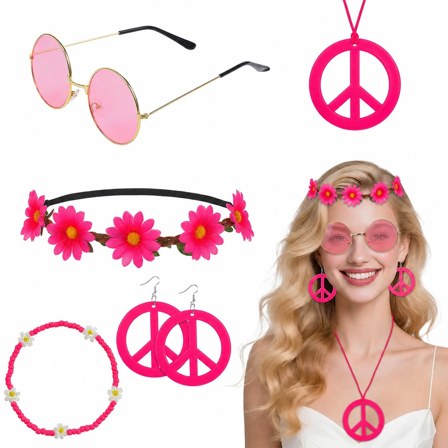 Hpmjz 6Pcs Hippie Costume Accessories Set Boho Peace Sign Daisy Flower Hip