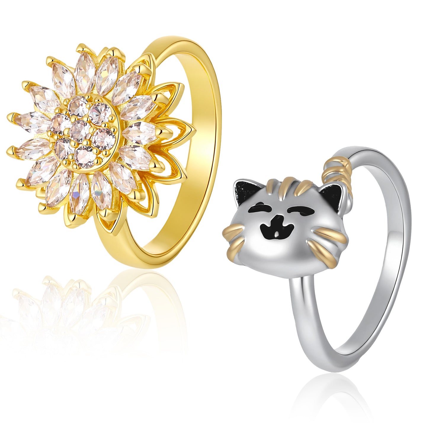 Hadnves 2Pcs Sunflower Cute Cat Fidget Ring, Gold Bling Crystal Pet Anxiety Spinner Rings Cubic Zirconia Open Adjustable Worry Stress Relieving Stacking Band for Women Finger Promise Engagement Gift