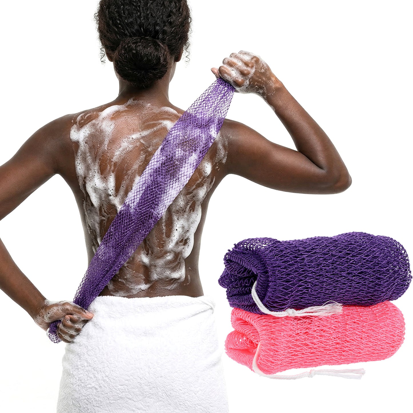 Wanmu 2Pcs African Net Sponge Authentic, Shower Loofah Exfoliating Bath Sponge for Body & Face, Gentle Loofah Washcloth Portable Back Scrubber for Women and Men Daily Use Body Care (Purple, Pink)