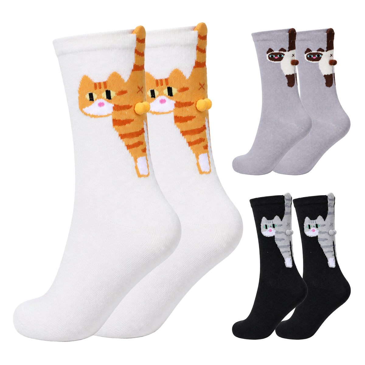 Qianyu 3 Pairs Women's Cat Socks with Balls 3D Funny Cotton Crew Socks