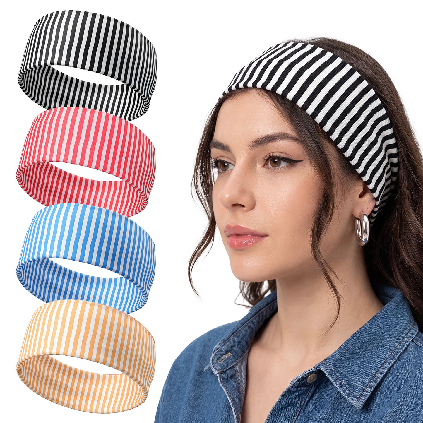 QFGasre 4Pcs Striped Headbands for Women Fabric Headbands Non Slip Wraps Elastic Stretchy Hairband Workout Yoga Cute Hair Bands Breathable Head Bands for Hiking Traveling Running