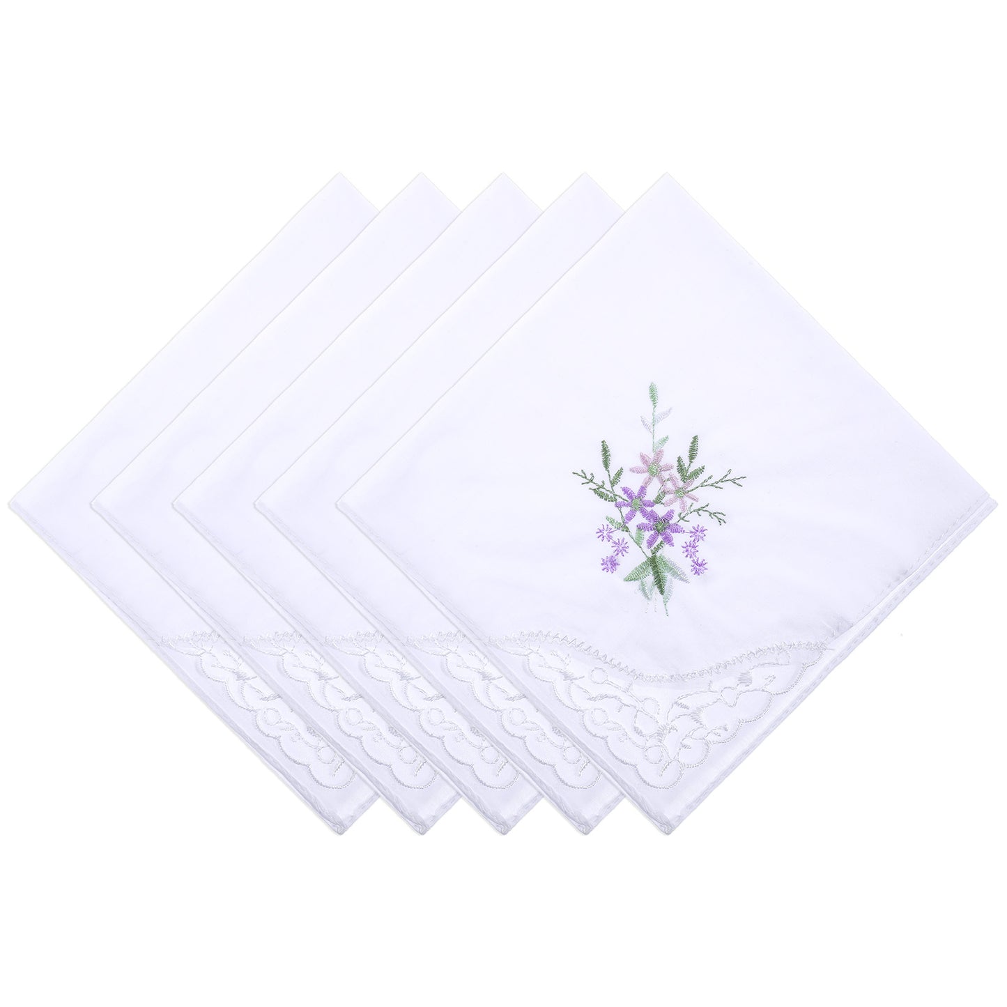 Dimeho 5 Pcs Handkerchiefs Cotton Scalloped Hankies for Men Women Pocket Square Towel with Flower Pattern White Suit Handkerchief Soft Hankies for Wedding Party Christmas Father's Day Gift (11 Inches)