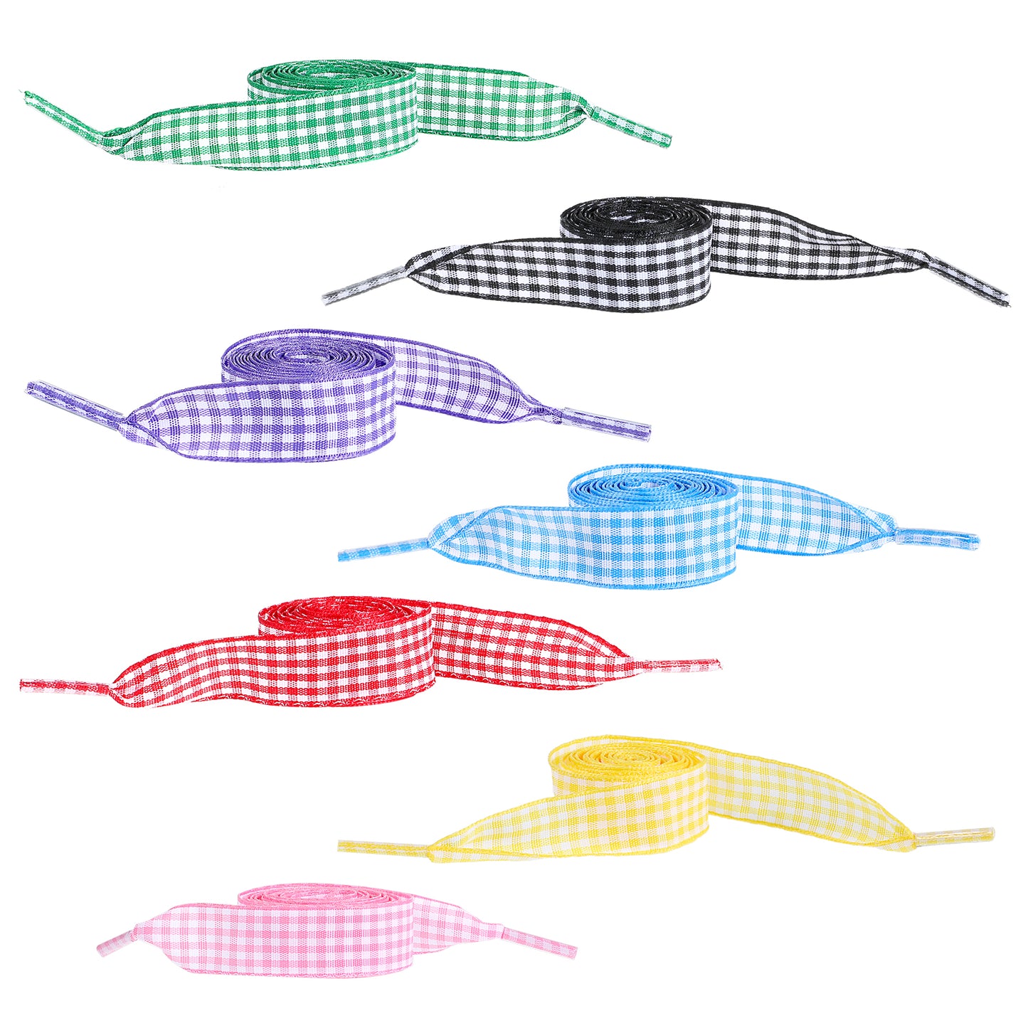 COMNICO 7 Pairs Satin Ribbon Shoe Laces for Women, 1.5cm Wide Soft Silk Ribbon Snow Yarn Shoestrings Colorful Shoe Ties Plaid Shoelaces