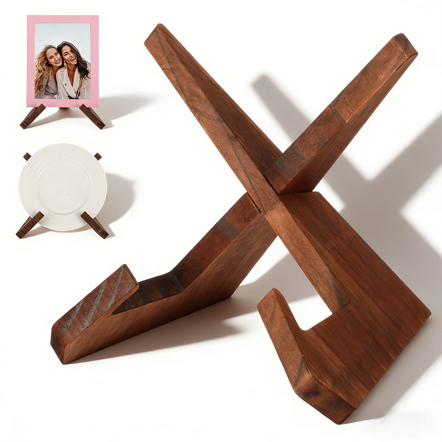 KFHENSOMR Wooden Plate Stand for Display - Rustic Solid Pine Cookbook Holder, Picture Frame Stand & Tabletop Display Stand for Plates, Books, Artwork & Cutting Boards (Brown)