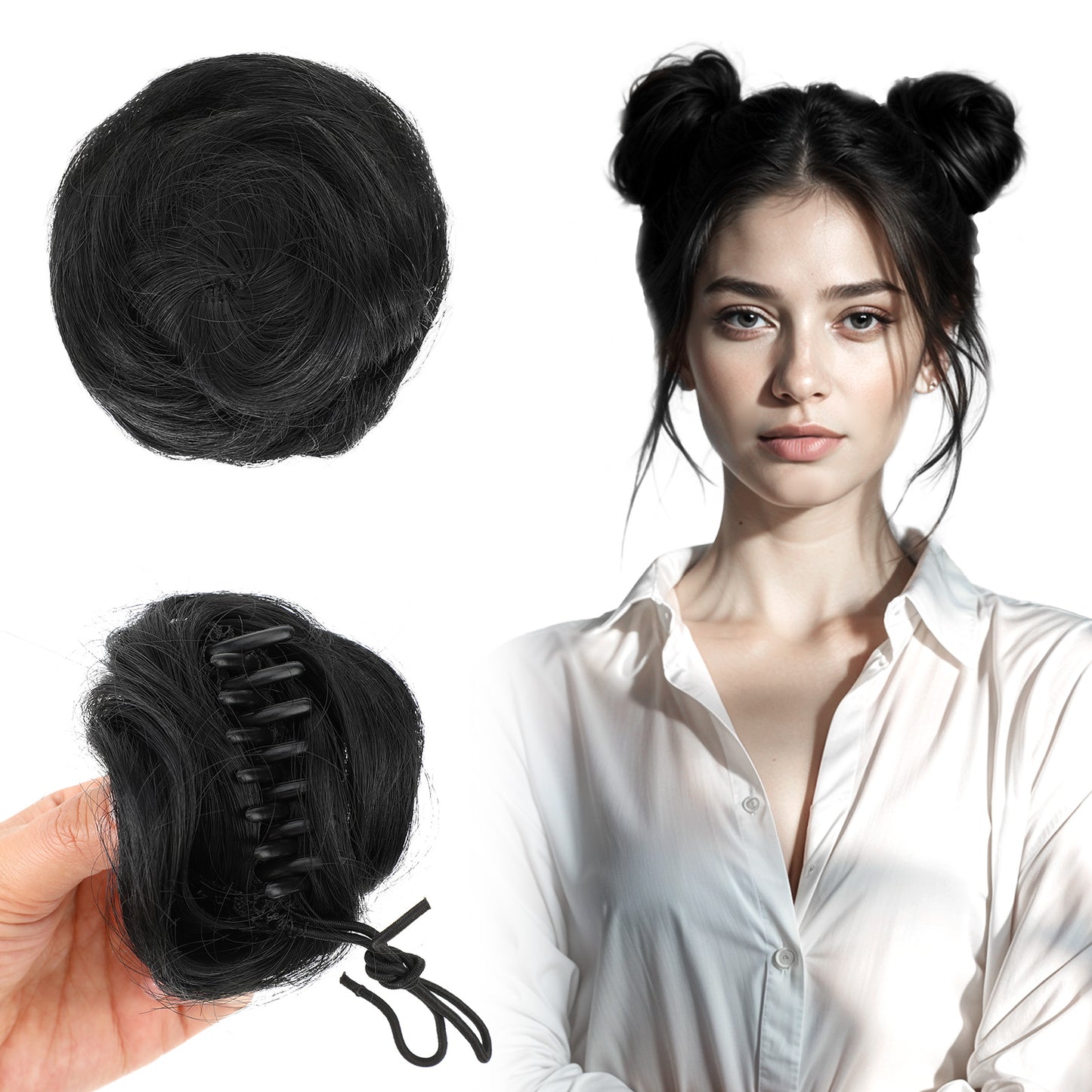 Dimeho 2 Pcs Space Buns Hair Pieces, Claw Clip in Hair Bun Mini Hair Scrunchies Fake Hair Bun Extension Hairpieces Priness Leia Buns Updo Wig Hair Accessories for Women (Black)