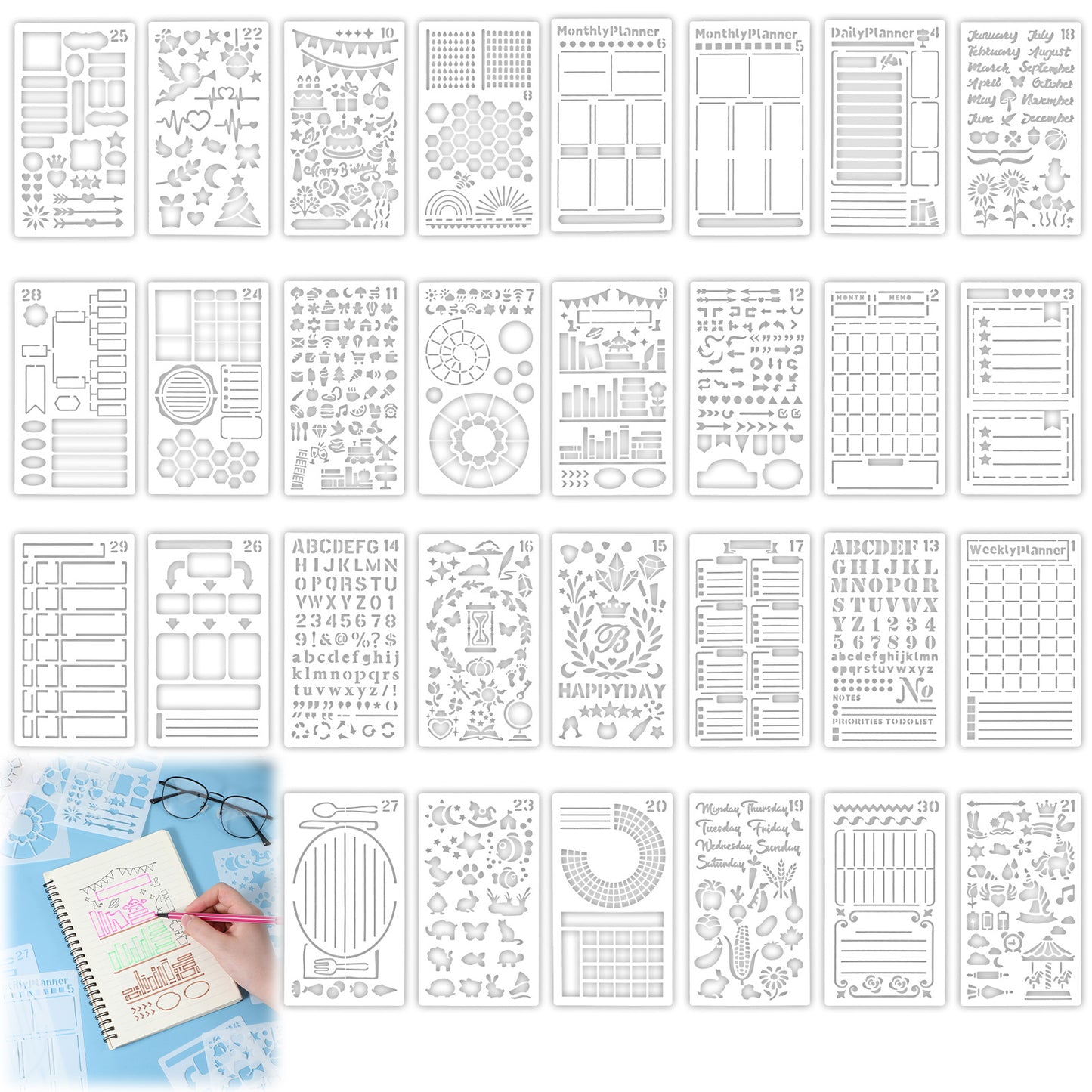 KFHENSOMR 30 PCS Journal Stencils, Reusable Plastic Planner Stencils 4x7 Inch for Bullet Journaling DIY Drawing Calendar Planner Templates Journaling Scrapbook Supplies