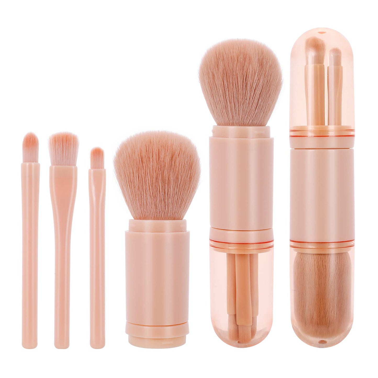 Sibba Multifunctional Cosmetic Makeup Brushes, 4 in 1 Retractable Makeup Brush Set, Portable Facial Highlight Eyeshadow Foundation Blending Powder Brushes for Travel (Pink)