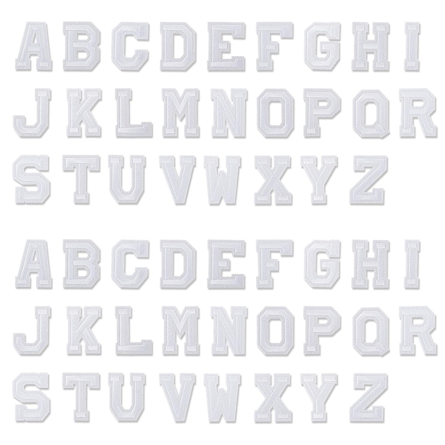 52Pcs Iron on Letter Patches Alphabet Embroidered Patch White Letter A-Z Applique Decorate Repair Sew Letter Patches for Clothes Dresses Socks Jeans DIY Accessories Bags Hats Shirts
