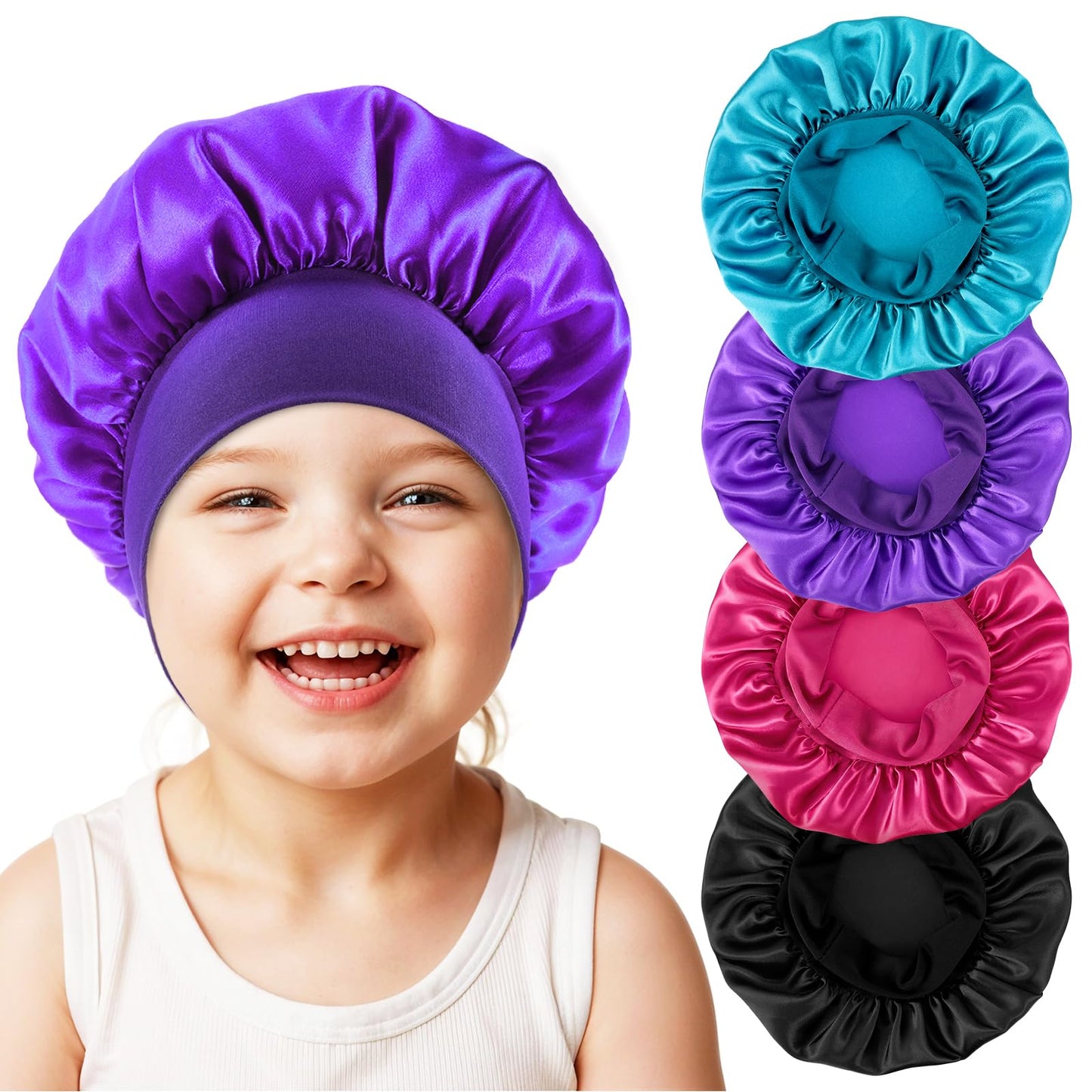 KFHENSOMR Kids Bonnets for Girls Sleeping, 4pcs Elastic Wide Band Silk Satin Bonnets for Curly Natural Hair, Sleep Cap Silk Bonnet forToddler Boys Children (Blue, Red, Black, Purple)