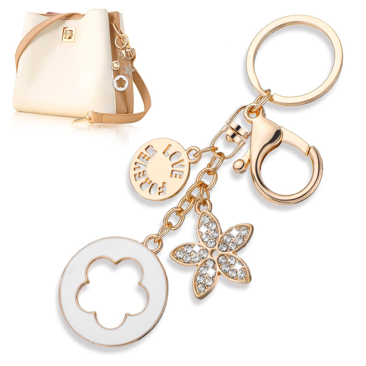 Wanmu Cute Bling Keychain, Initial Flower Charms Letter Keyring for Women and Girls, Backpack Car Handbag Key Purse Lanyard Accessories (White)