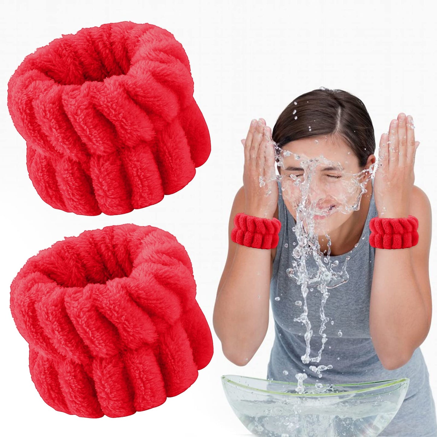 Sibba 2 Pieces Women's Microfiber Wrist Wash Bands, Absorbent Wristbands Wrist Sweatband for Girls Prevent Water from Spilling Down Your Arms (Red)