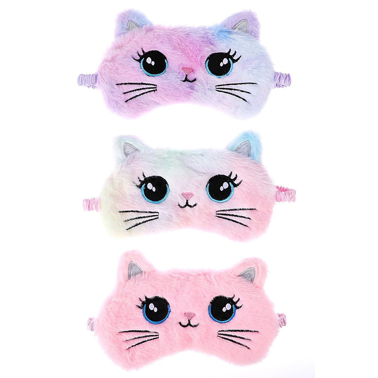 Dimeho 3 PCS Plush Eye Mask Cute Animal Sleeping Mask Soft Sleep Eyeshade Eye Cover Satin Night Blindfold for Women Men Home Sleeping Traveling (Colorful Cat)