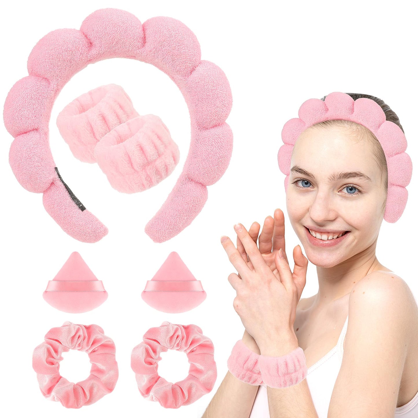 7 Pack Sponge Spa Headband for Washing Face, Sibba Bubble Skincare Headbands with Wristbands Hair Scrunchies and Powder Puffs Sets, Puffy Sponge Makeup Headband for Mask Makeup Removal Shower