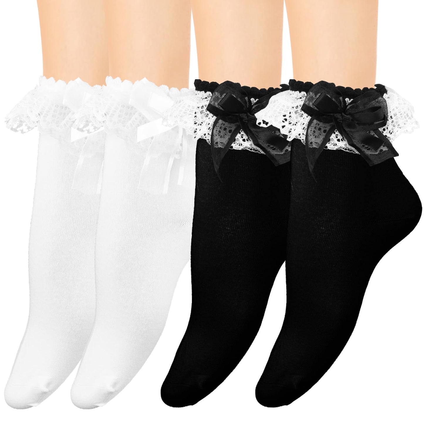 COMNICO 2 Pairs Lace Bow Ankle Socks, Soft Cotton Frilly Ruffle Socks Fashion Ladies Princess Ribon Trim Cute Socks for Women