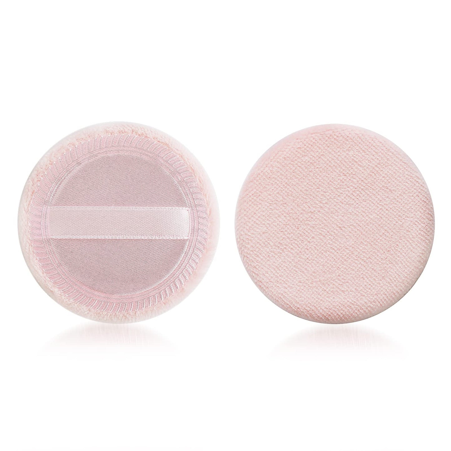 Sibba Loose Powder Puff 2 Pieces Round Velour Face Makeup Compact Body Container Setting Pressed Blending Foundation Cream Make Up Ribbon Strap Sponge Cushion Applicator (2 PCS Pink)