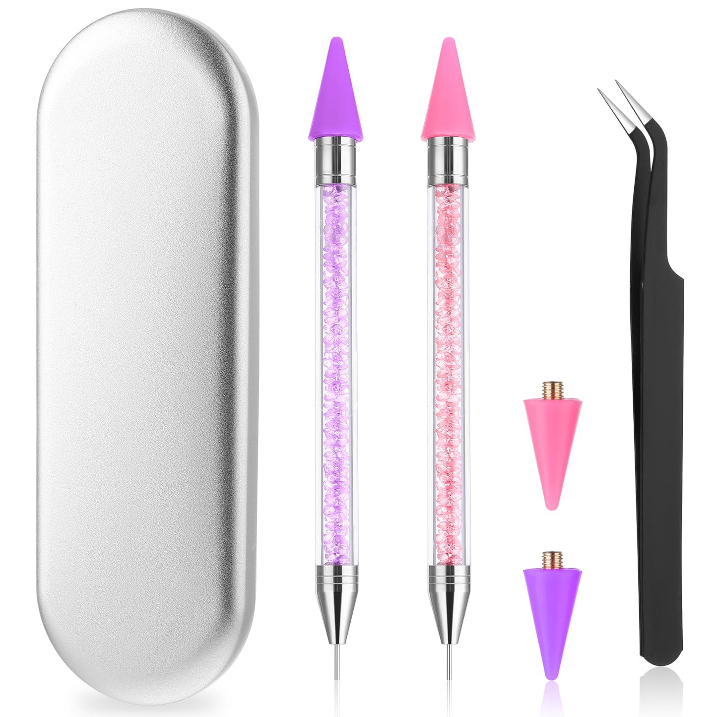2 Pack Rhinestone Picker Tool Dual-Ended Wax Pencil for Rhinestones Diamond Paint Dotting Pen with 2 Extra Wax Tips, 1 Nail Art Tweezer with Box for Nail Gems Stones Crystals DIY Nail Art Craft