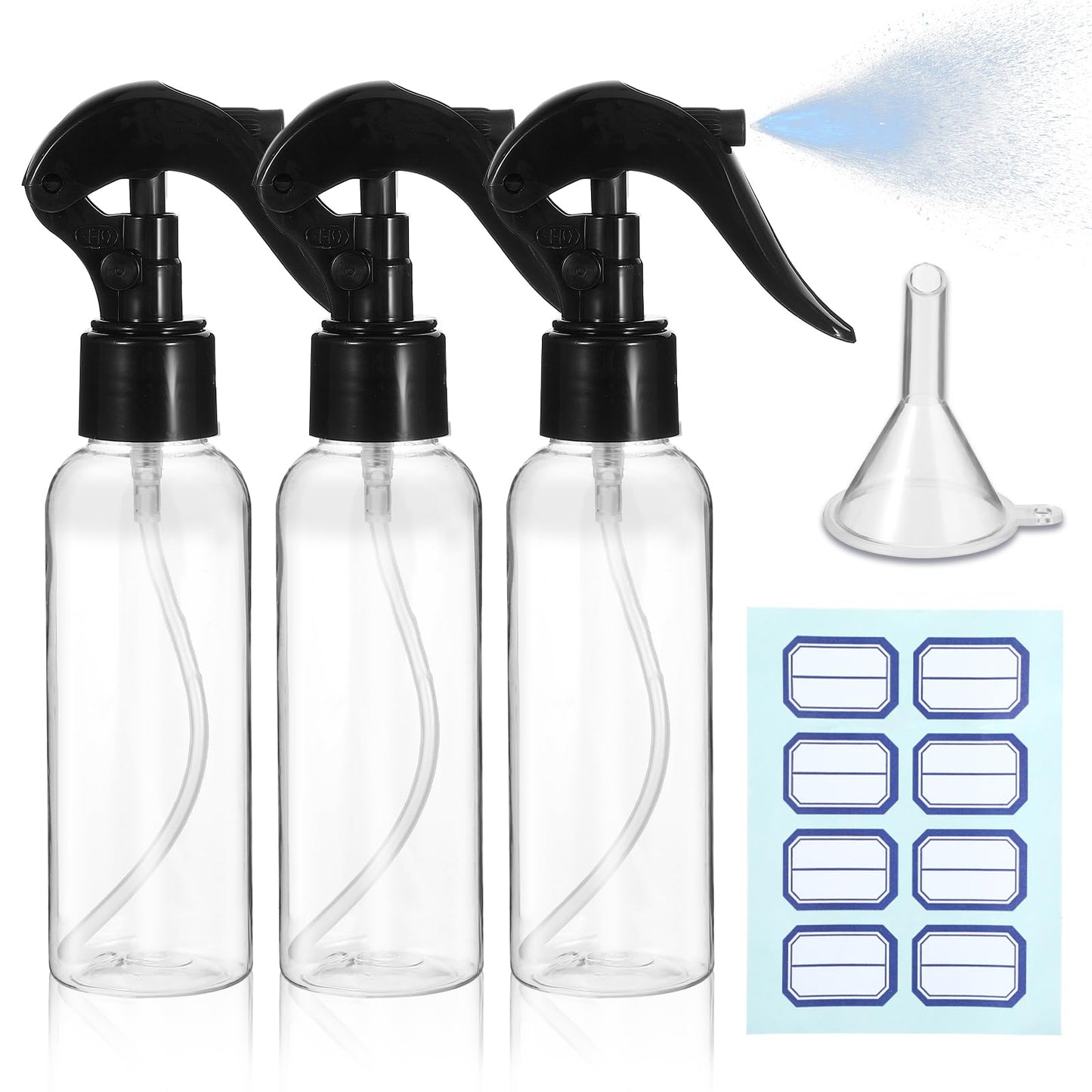 3Pcs Plastic Spray Bottles, 3.38oz/100ml Empty Small Spraying Bottles, Clear Fine Mist Travel Mini Water Bottle Set, Refillable Liquid Container for Hair Essential Oil Plant Pet Cooking Clean(Black)