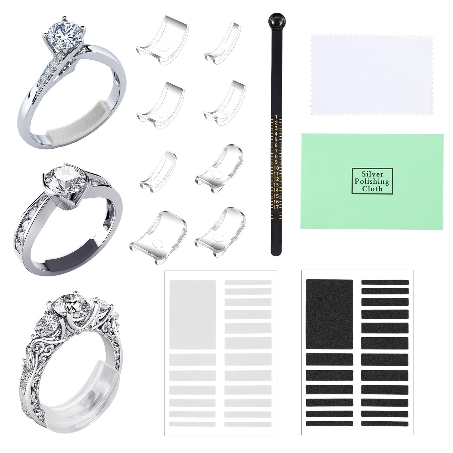 Dimeho 8 Pcs Ring Size Adjuster for Loose Rings Transparent Invisible Ring Adapter Kit with Silverware Polishing Cloth Measuring Ruler Ring Spacer Tightener Fits for Women Men Any Thin Wide Rings
