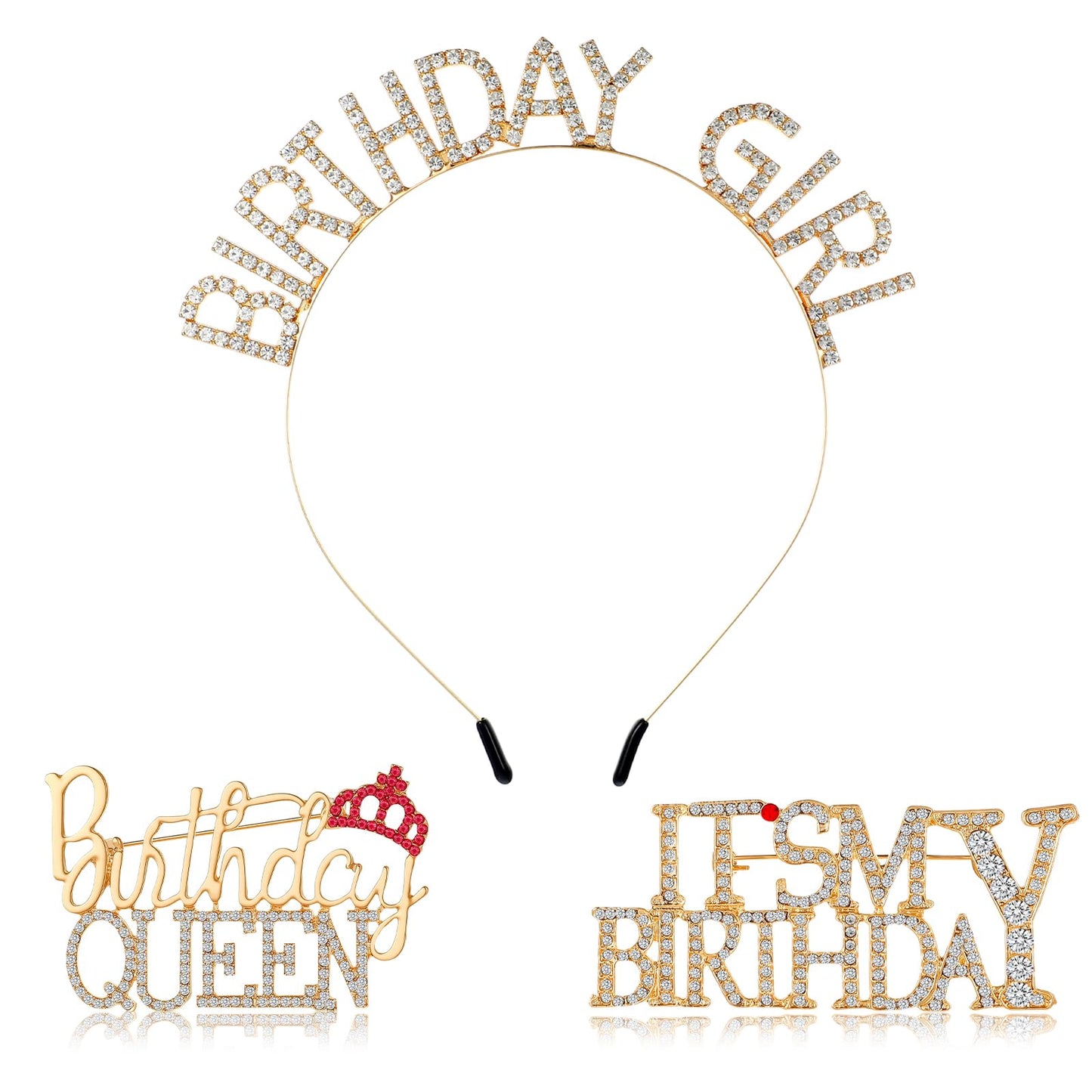ElevateTech Birthday Brooch Pins & Birthday Girl Headband Crown for Women, Rhinestone Tiara Crown Hair Accessories Metal Shiny Lapel Pin Diamond Queen Brooch for Birthdays, Wedding Parties Gifts
