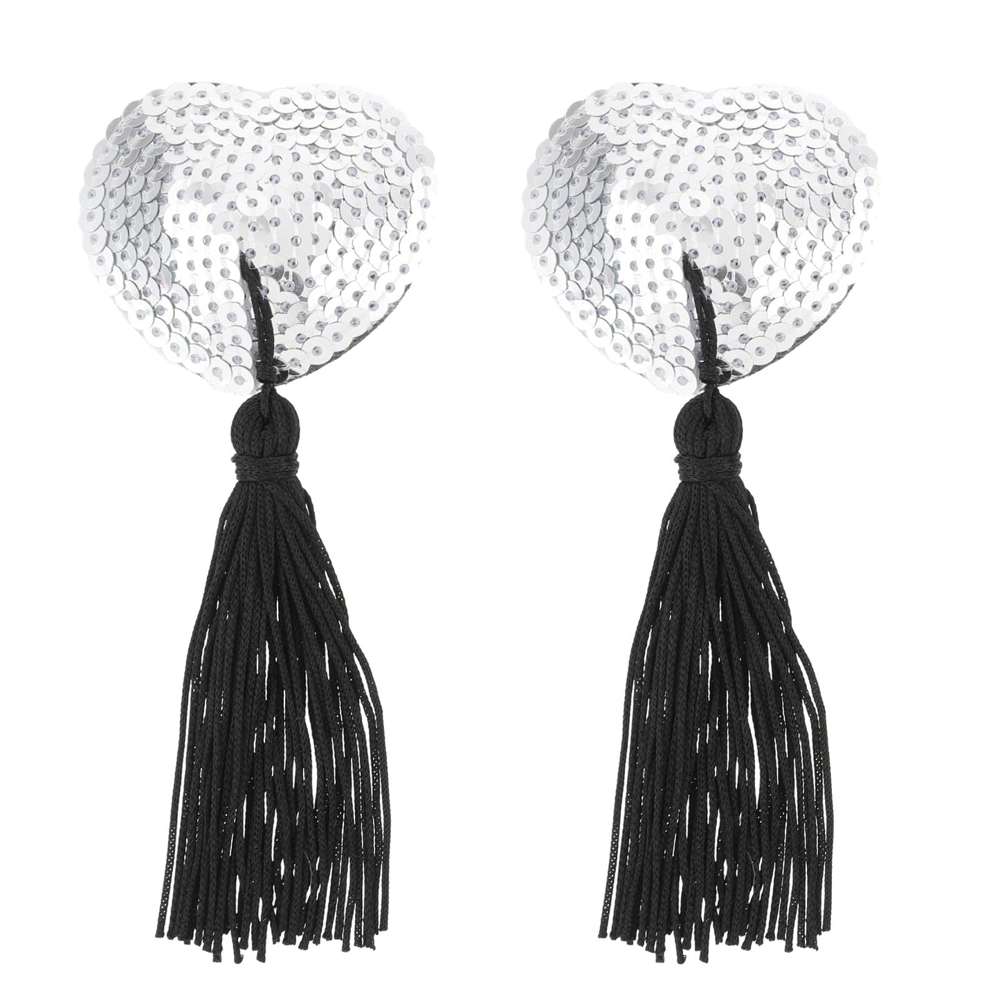 WLLHYF 1 Pair Women Reusable Breast Pasties, Heart-Shaped Breast Bra with Sequins Tassel Adhesive Nipple Cover Stickers Valentine's Day(silver)