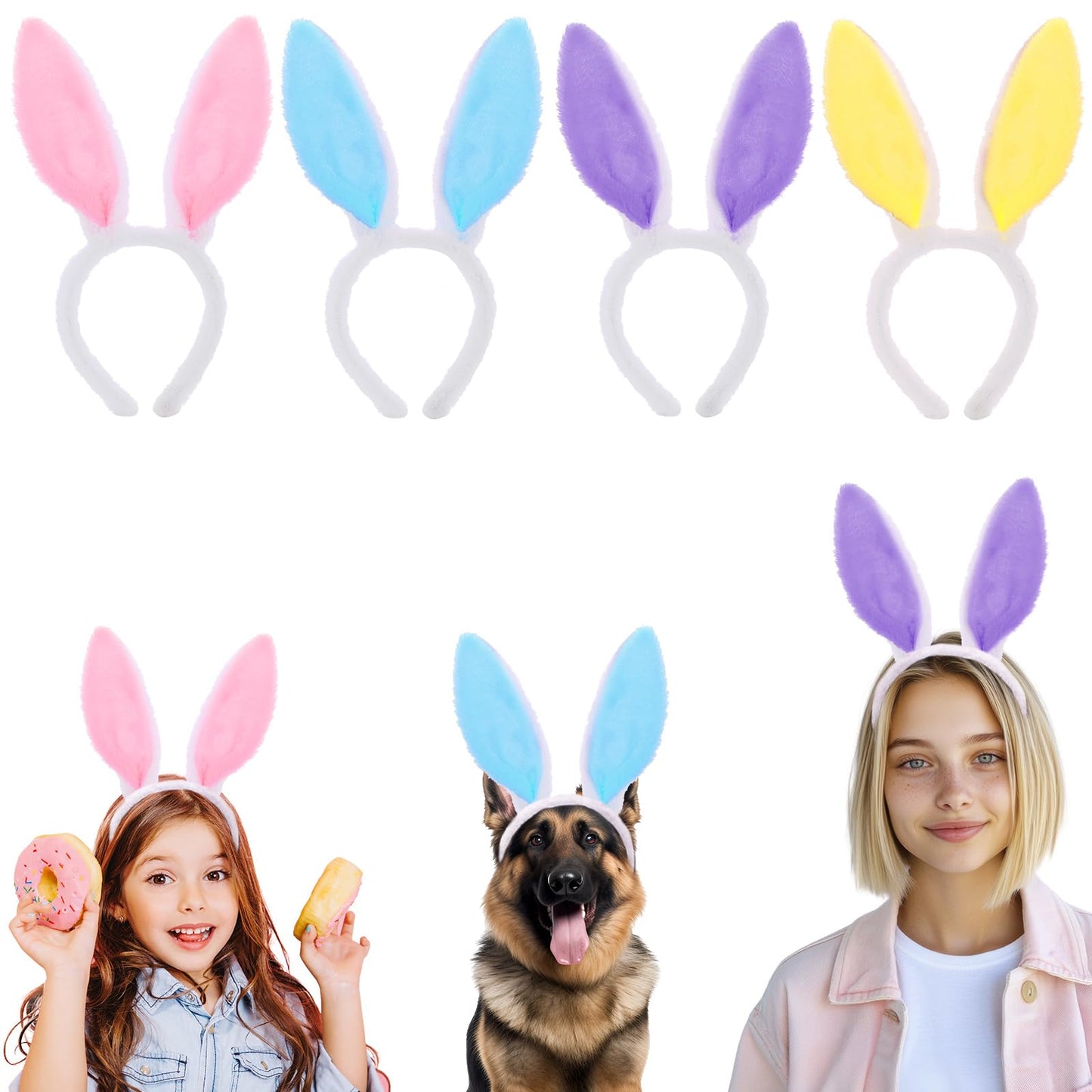 Wanmu 4Pcs Rabbit Ears Bunny Hairbands, Plush Bunny Ears Headband, Easter Bunny Ears Headband, Rabbit Ear Accessory for Kids Girls Party(Pink & Blue & Yellow & Purple)