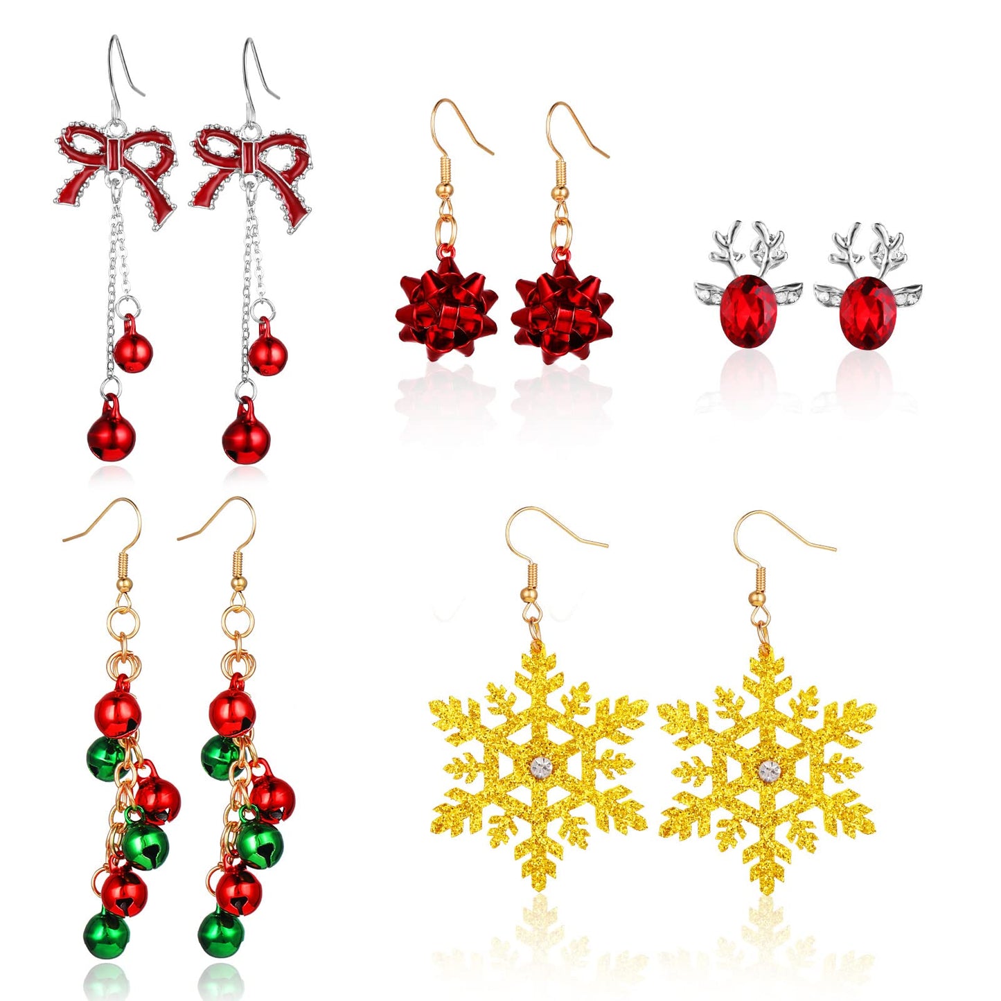 Sibba 5 Pairs Christmas Stud Earrings Xmas Bow Bell Snowflake Santa Elk Drop Dangle Stud Earrings Set Christmas Festival Hypoallergenic Alloy Jewelry Fashion Cute Gifts For Women Kids Girls Teens Kids