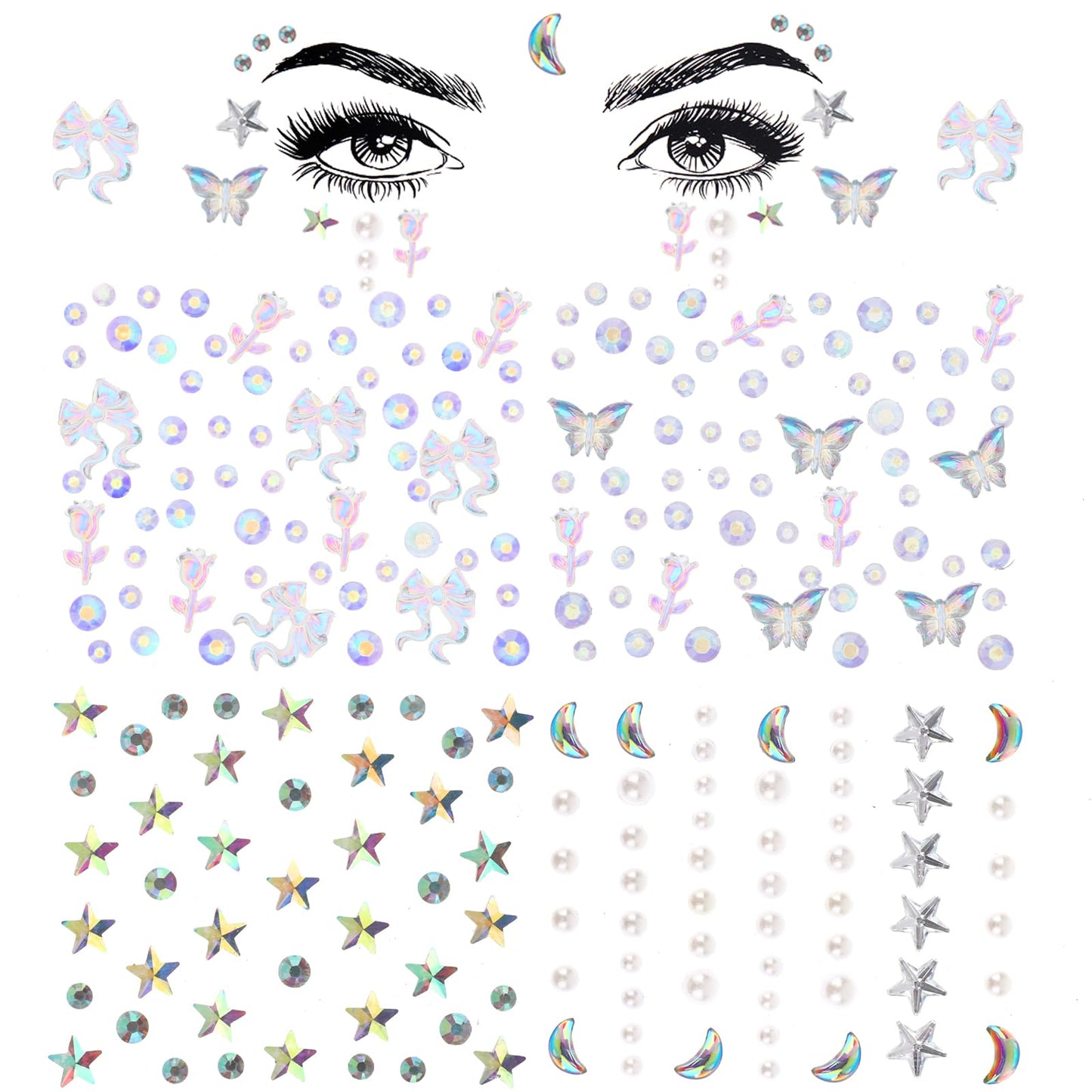 COMNICO Star Face Eye Stickers, 4 Pcs Star Jewelry Eye Body Sticker Star Moon Butterfly Pearl Face Jewels Star Face Gems Stickers Acrylic Rhinestones Makeup Sticker for Halloween Parties Festivals
