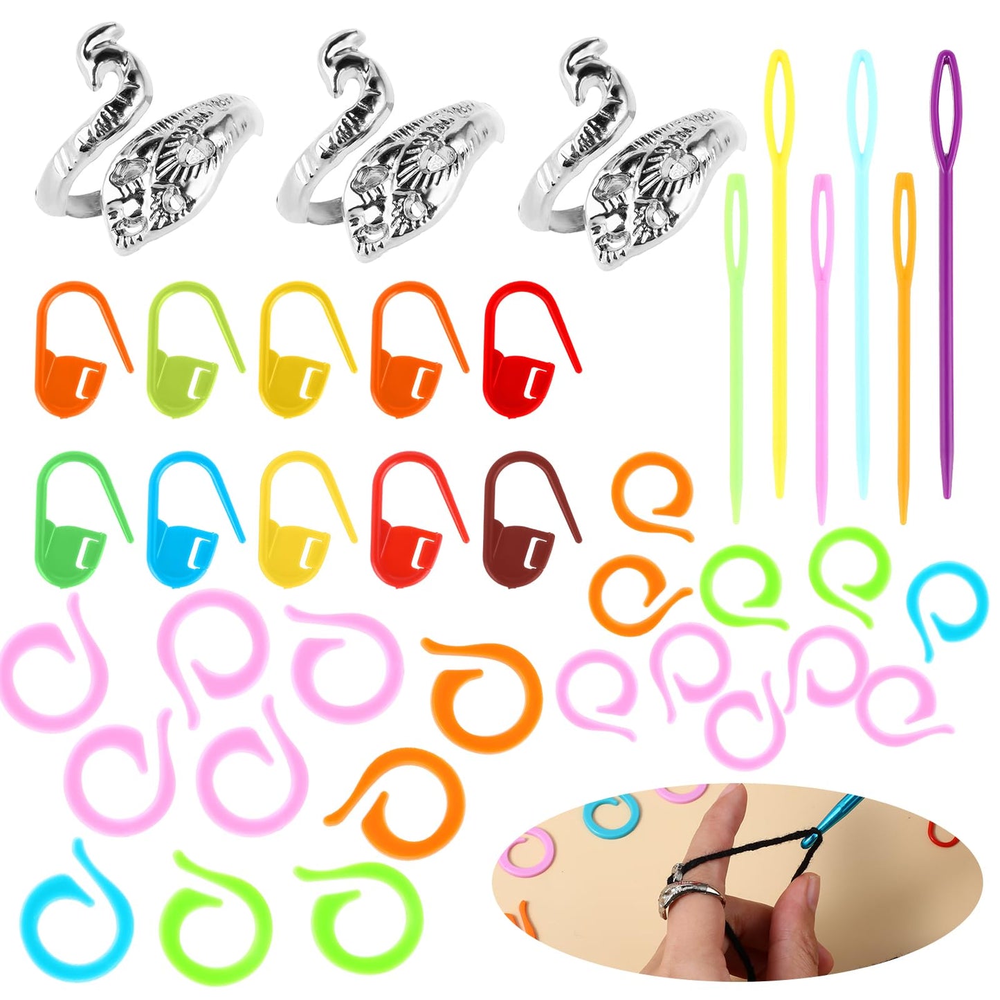 Sibba Stitch Marker Rings, Crochet Ring Stitch Markers Clips Set with Sewing Needles, Adjustable Knitting Crochet Loop Ring for Weaving and Sewing DIY and Handmade Crafts