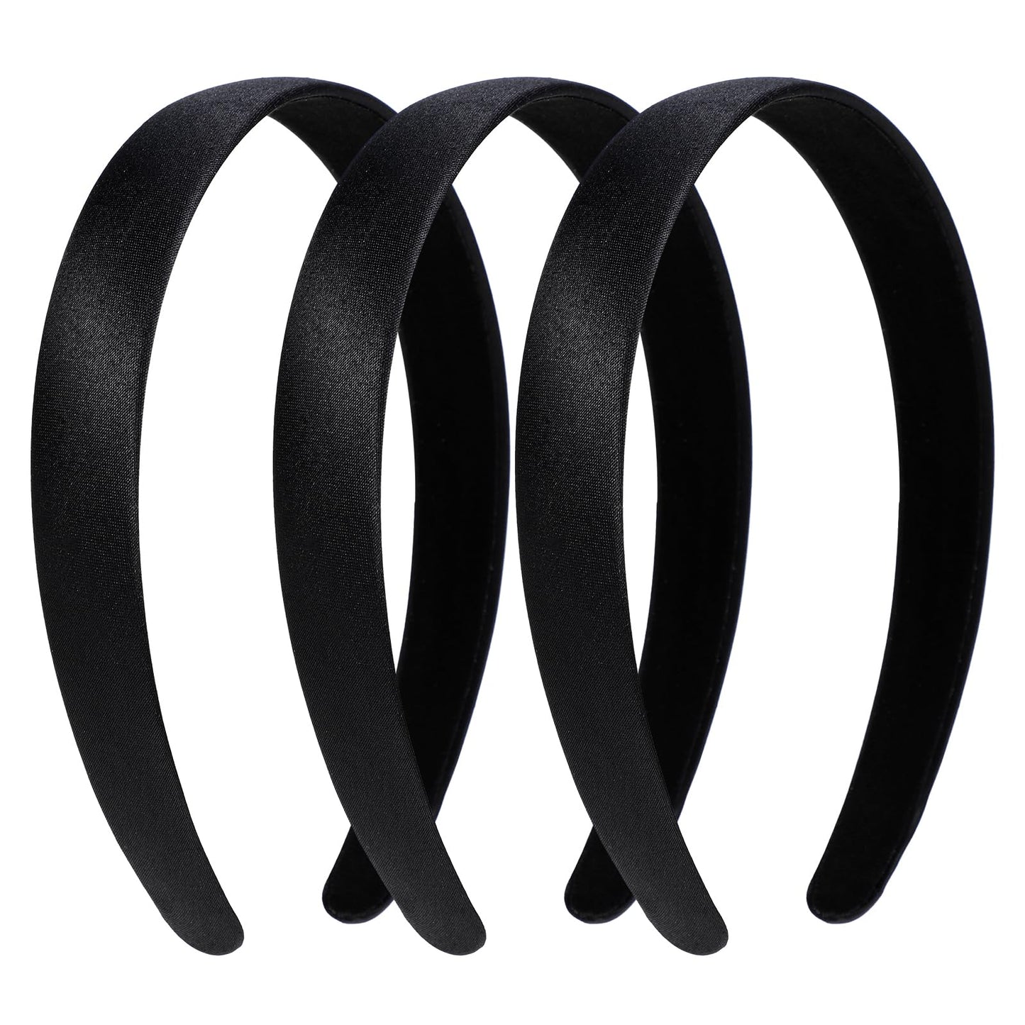 Wanmu 3Pcs Satin Headbands, Wide Hard HeadBand, Women Girls Non-Slip Fashion Hair Bands, Plain Hard Headbands for Women DIY Craft Hair Accessories (Black)