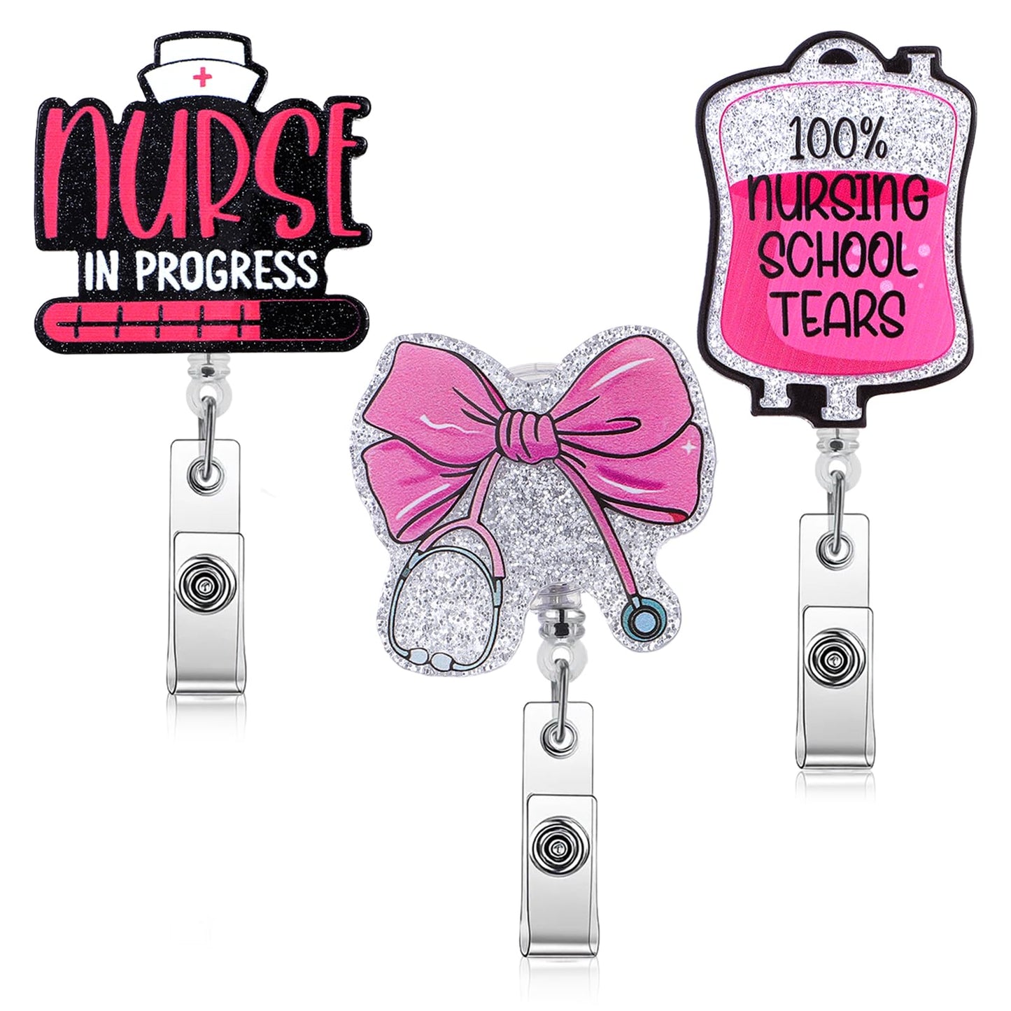 3PC Nurse Badge Reel Holder Nursing School Tears Badge Reel Pink Girly Nurses in Progress Tears Bow Cute Badges Reels Holder Retractable with ID Clip for Doctor Medical Assistant Clinic Office Work