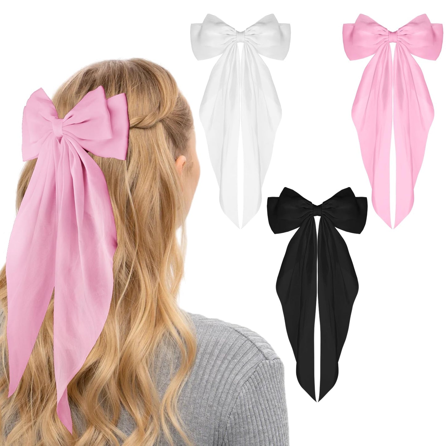 3Pcs Big Hair Bow Clips for Women, Black Bow Hair Ribbons, Silky Satin Hair Barrettes, Oversized Long Tail Bow Hair Clips Cute Hair Accessories for Party Valentine's Day Christmas