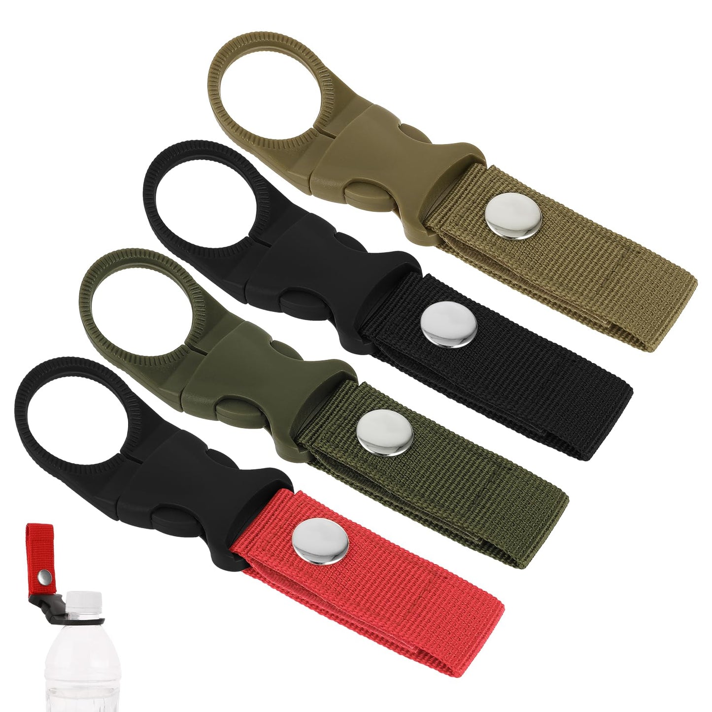 4 Pcs Hanging Bottle Buckle Clip Portable Mineral Water Holder Carabiner Nylon Backpack Belt Webbing Strap Waist Buckle for Outdoor Camping Hiking Traveling Tactical