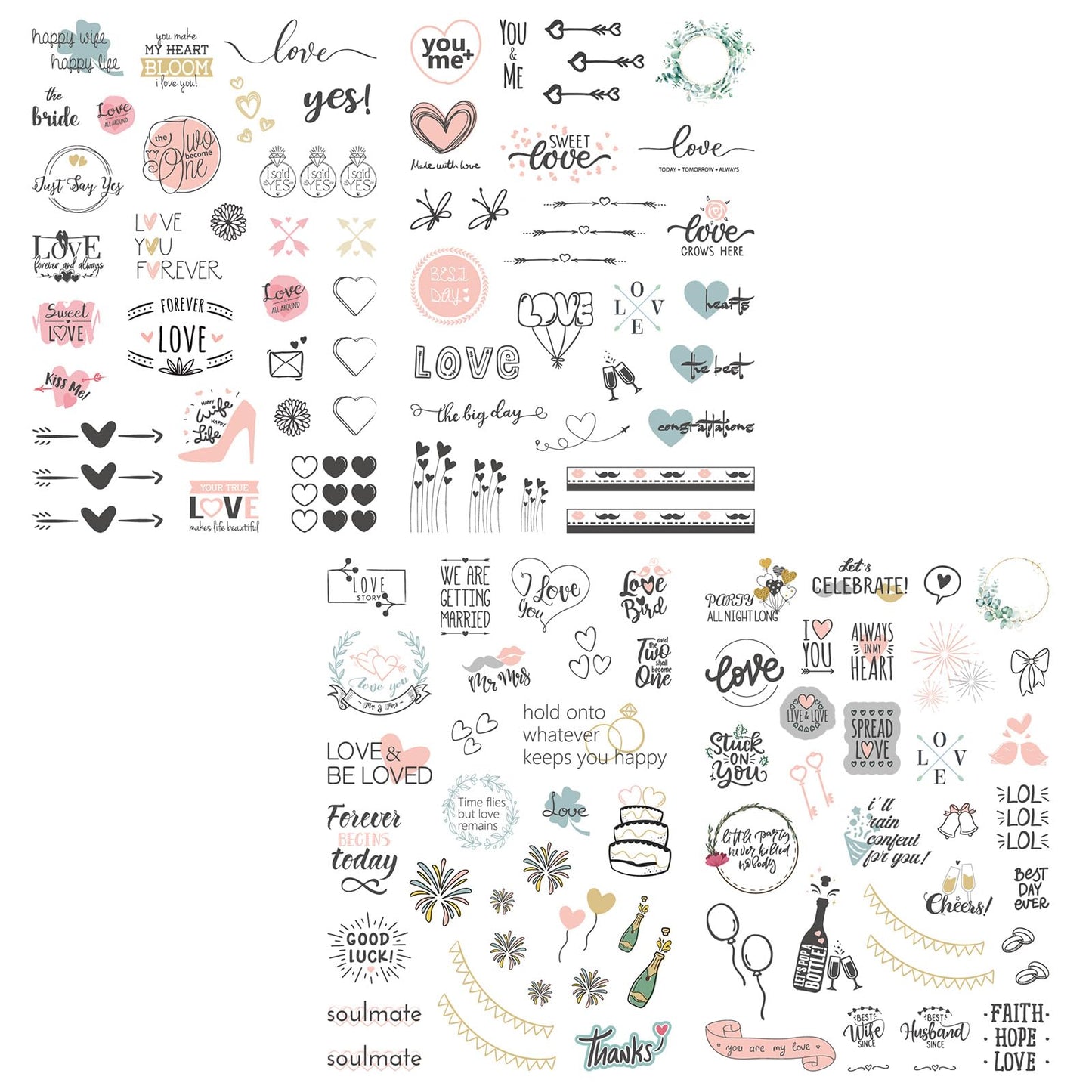 4 Sheets 230 Wedding Sticker for Scrapbooking Valentine's Day Scrapbook Sticker Self-Adhesive Romantic Decal Illustration Phrases Sticker for Envelope Invitation Engagement Anniversary Bridal Shower
