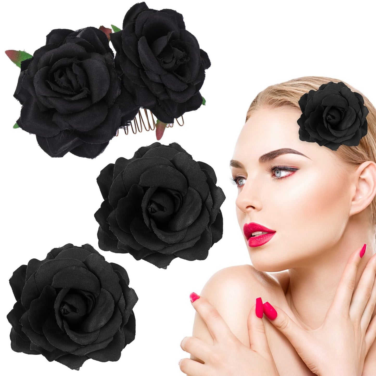 Sibba Flower Hair Clip 3 PCS Rose Floral Gothic Large Brooches Barrettes Lace Crochet Hairpin Claw Bow Headpieces Soft Artificial Chiffon Big Pins Halloween Costume Women Wedding Accessories