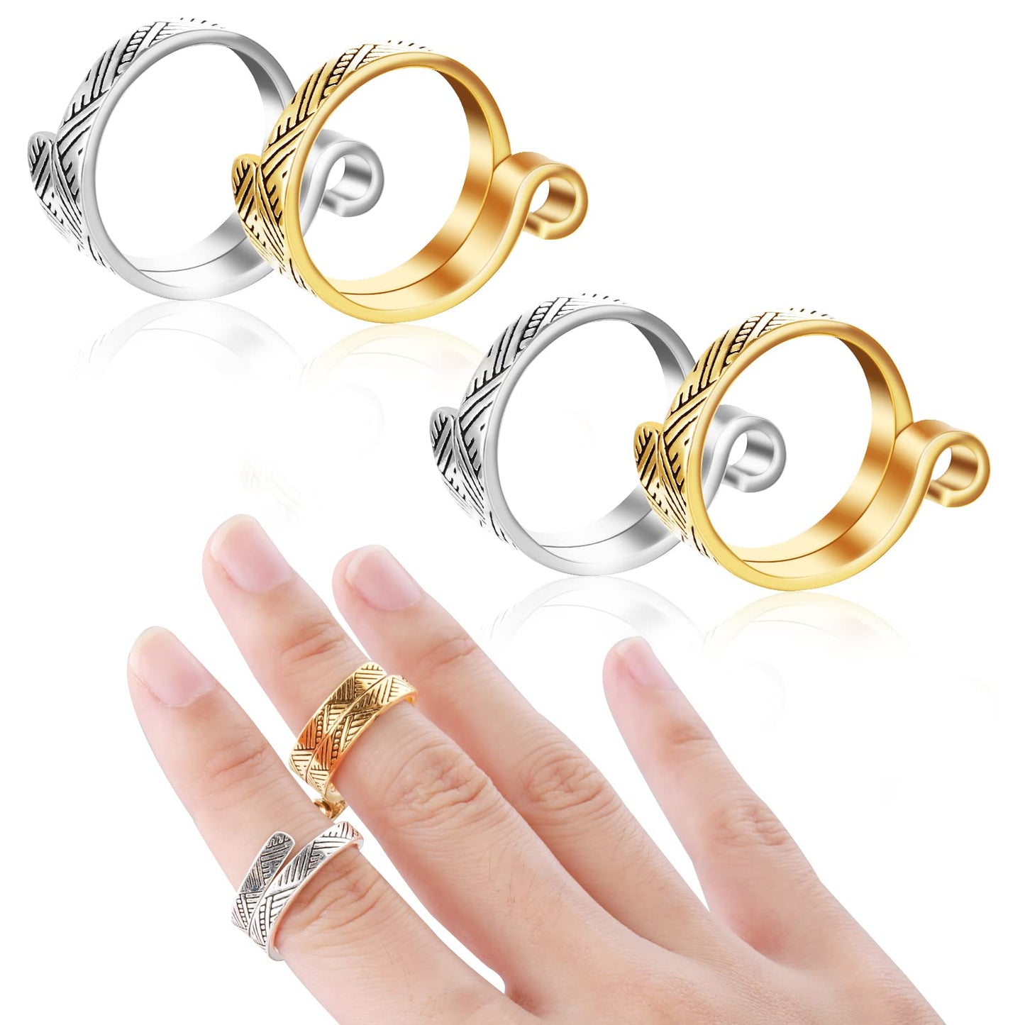 Sibba Crochet Ring Yarn Crocheting Finger Guide 4 Pcs Knitting Hook Needle Set Handmade Loop Tags Notions Cross Stitch Counter Blocking Board Holder Thimble Protection (Golden Silver Circle)