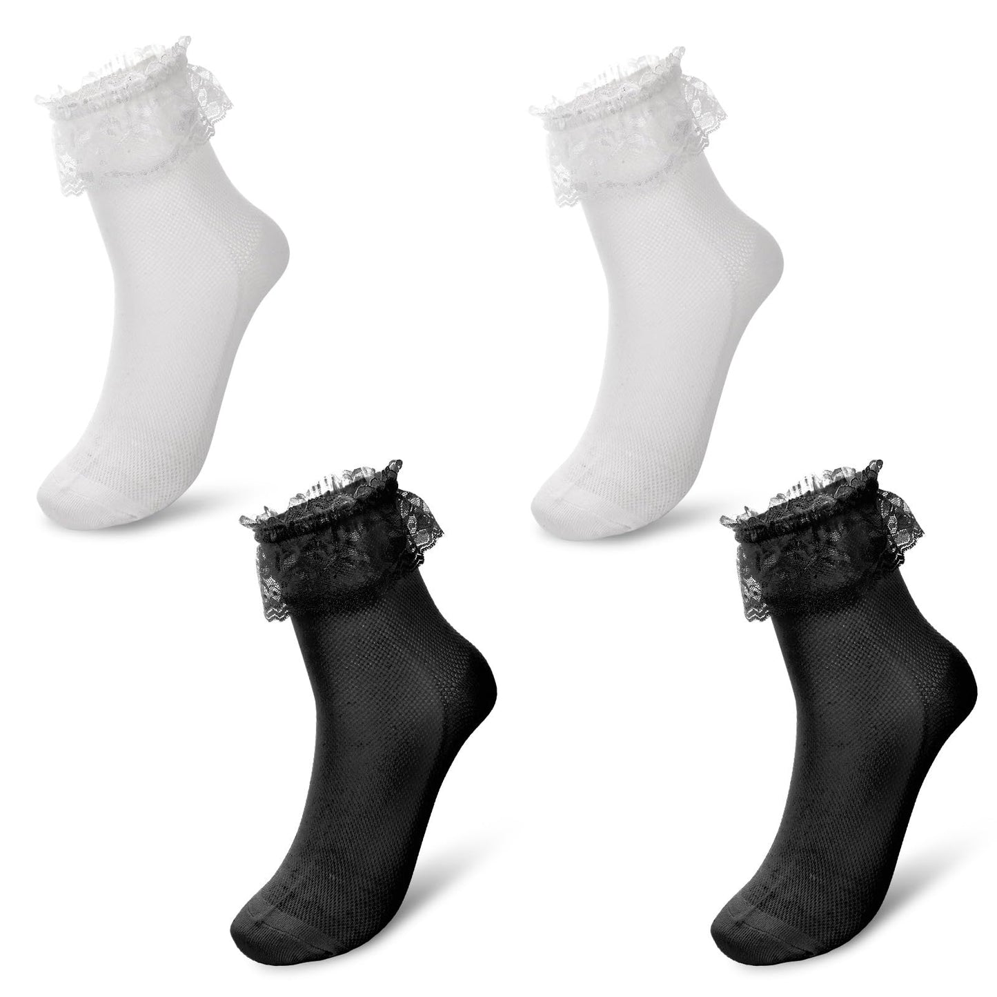COMNICO Lace Socks, 4 Pack Women Frilly Socks Fashion Cute Ladies Princess Comfortable Cotton Socks Breathable Cool Ruffle Frilly Ankle Dress Socks for Women Girls
