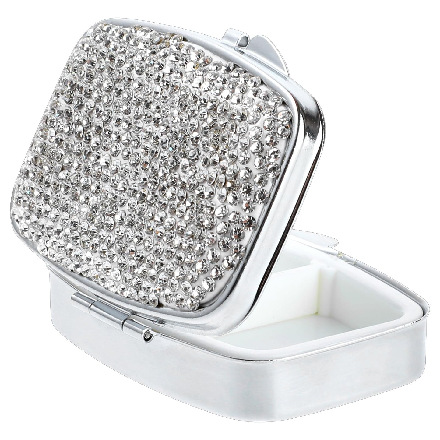 COMNICO Pill Organizer 2 Compartment Cute Daily Medicine Container Portable Travel Pill Box Bling Crystal Diamond Small Pill Holder Case Pill Dispenser for Vitamins Cod Liver Oil Supplement(Silver)