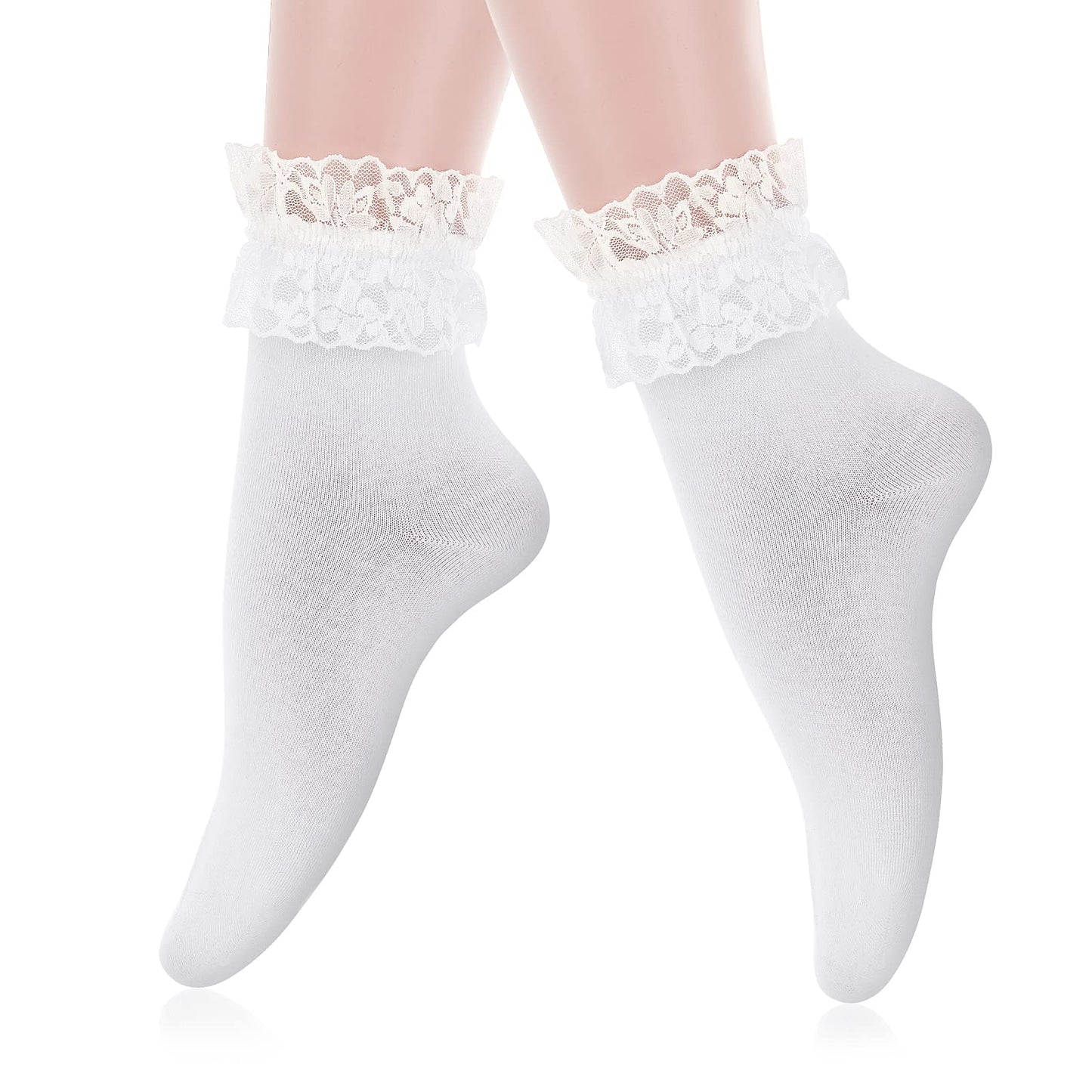 Sibba Ruffle Liners Lace Ankle Socks 1 Pair Kawaii Frilly Crew Elastic Cotton Sock Princess Fairy Aesthetic Goth Cuffs Easter Christmas Dress Women Girl Schoolgirl Show Clothing Costume Outfit(White)