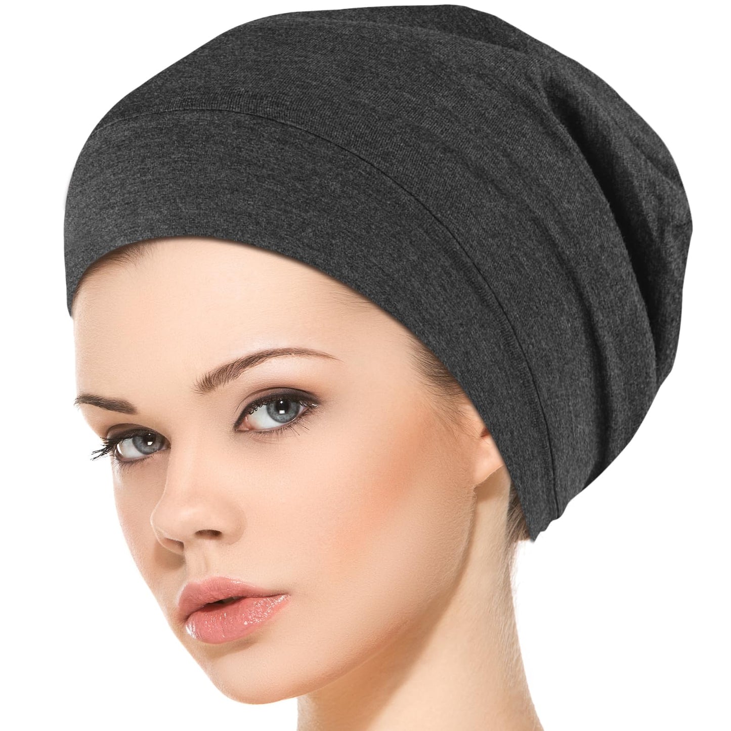 COMNICO Silk Satin Lined Sleep Cap, Modal Cotton Outer Layer Adjustable Curly Hair Bonnet Hair Cover Slouchy Beanie Women Men (Grey)