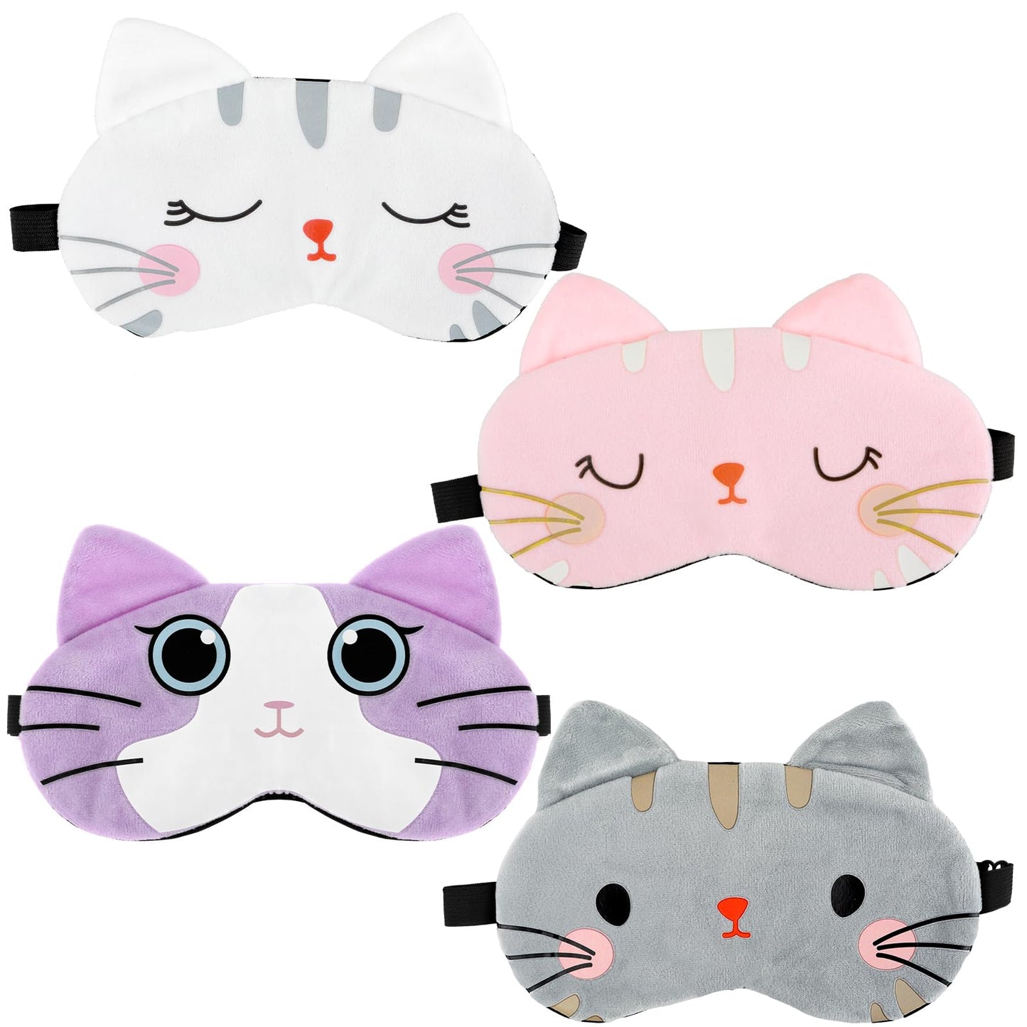 Sleep Mask for Kids 4 Pieces Cute Animal Eye Mask Soft Sleeping Eye Shade Night Sleeping Eye Mask Adjustable Elastic Sleeping Mask for Women Children Girls and Adult(Colorful Cat Style)