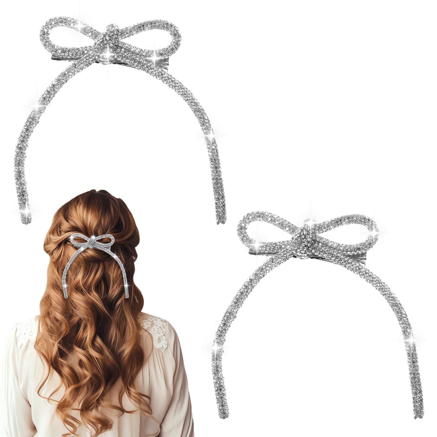 Wanmu 2Pcs Bow Hair Clips, Rhinestone Crystal Bowknot Clips for Women Girls, Silver Hair Bows for Women, Crystal Prom Hair Decoration, Duckbill Hair Barrettes for Girls Thick Long Short Hair