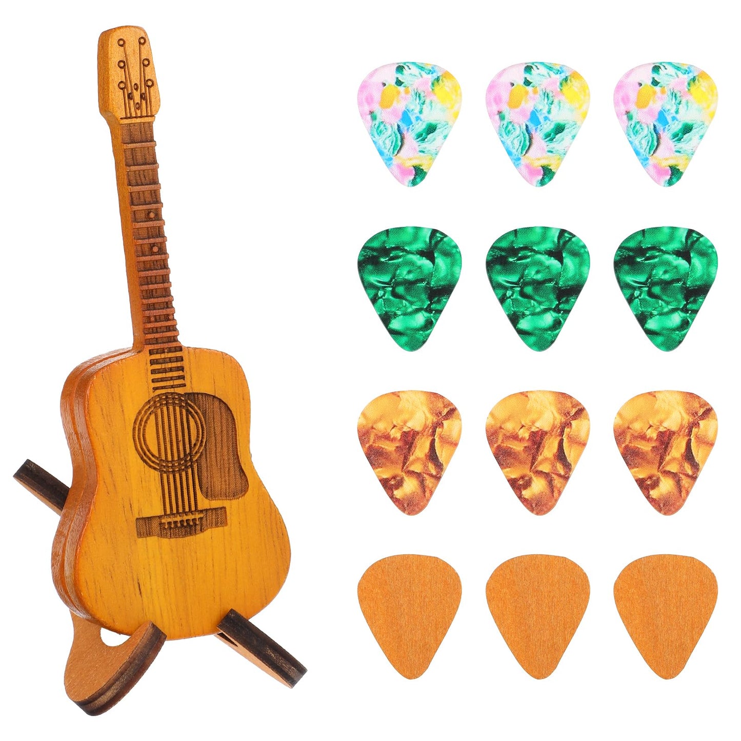 Wanmu Wooden Pick Box with 3 Wooden Picks, Mini Storage Case for Guitarists Musicians Engraved Wooden Pick Box, Acoustic Guitar Box Holder for Electric Bass Guitar Lovers