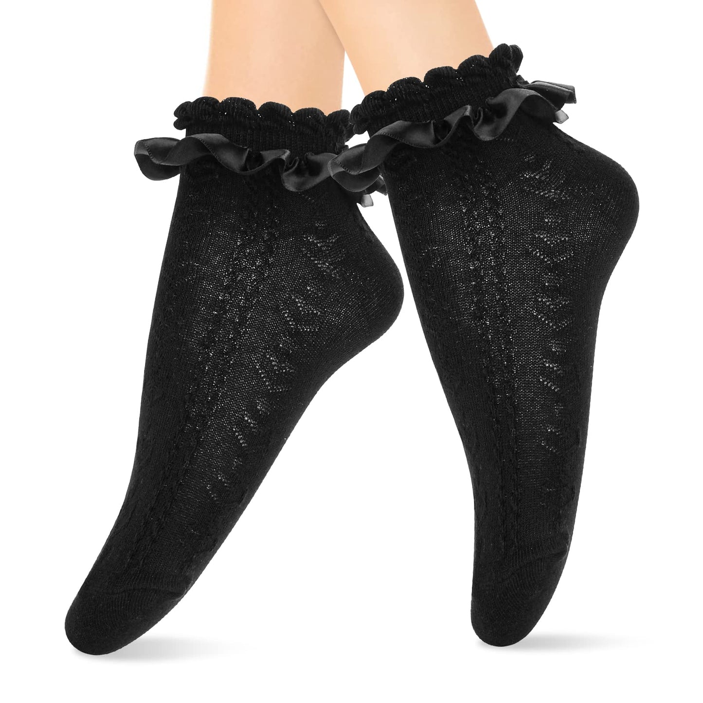 Sibba Ruffle Liners Lace Ankle Socks 1 Pair Heart-shaped Frilly Crew Elastic Cotton Sock Princess Fairy Goth Cuffs Lovely Dress for Lady Girls Schoolgirl Clothing Costume Solid Color (Black)