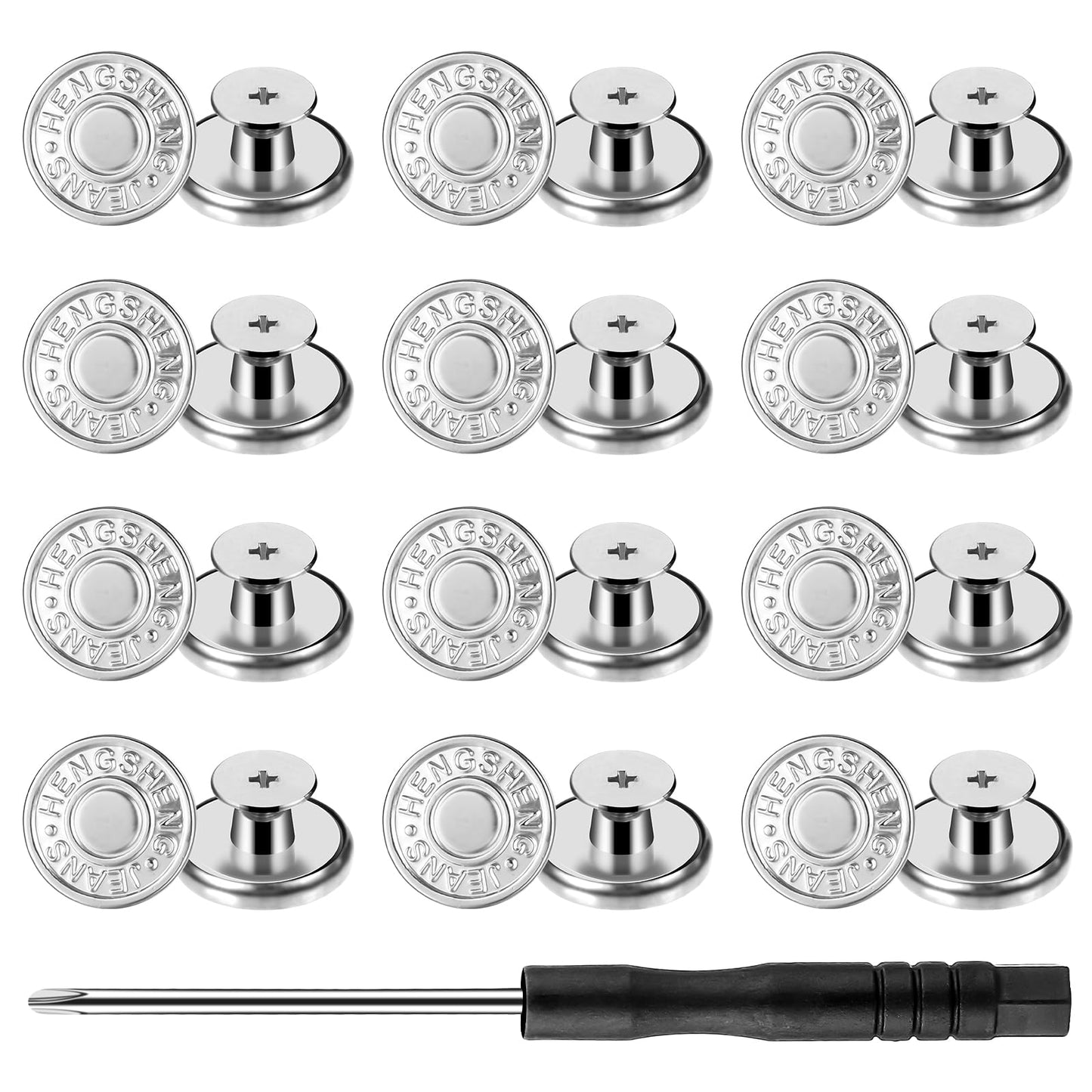 Qianyu 12pcs Spare Trouser Buttons, 17mm, No Sewing, Adjustable Brass Denim Buttons with Screwdriver, Metal Jeans Repair Button (Silver)