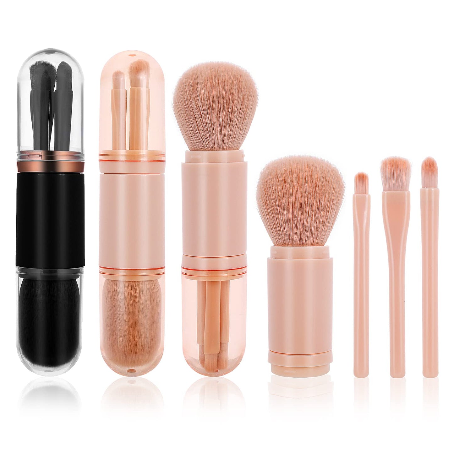 Sibba 2 Sets Small Makeup Brush, 4 in 1 Portable Travel Lip Brush Foundation Blending Powder Brush Mini Retractable Facial Cosmetic Makeup Brush Set