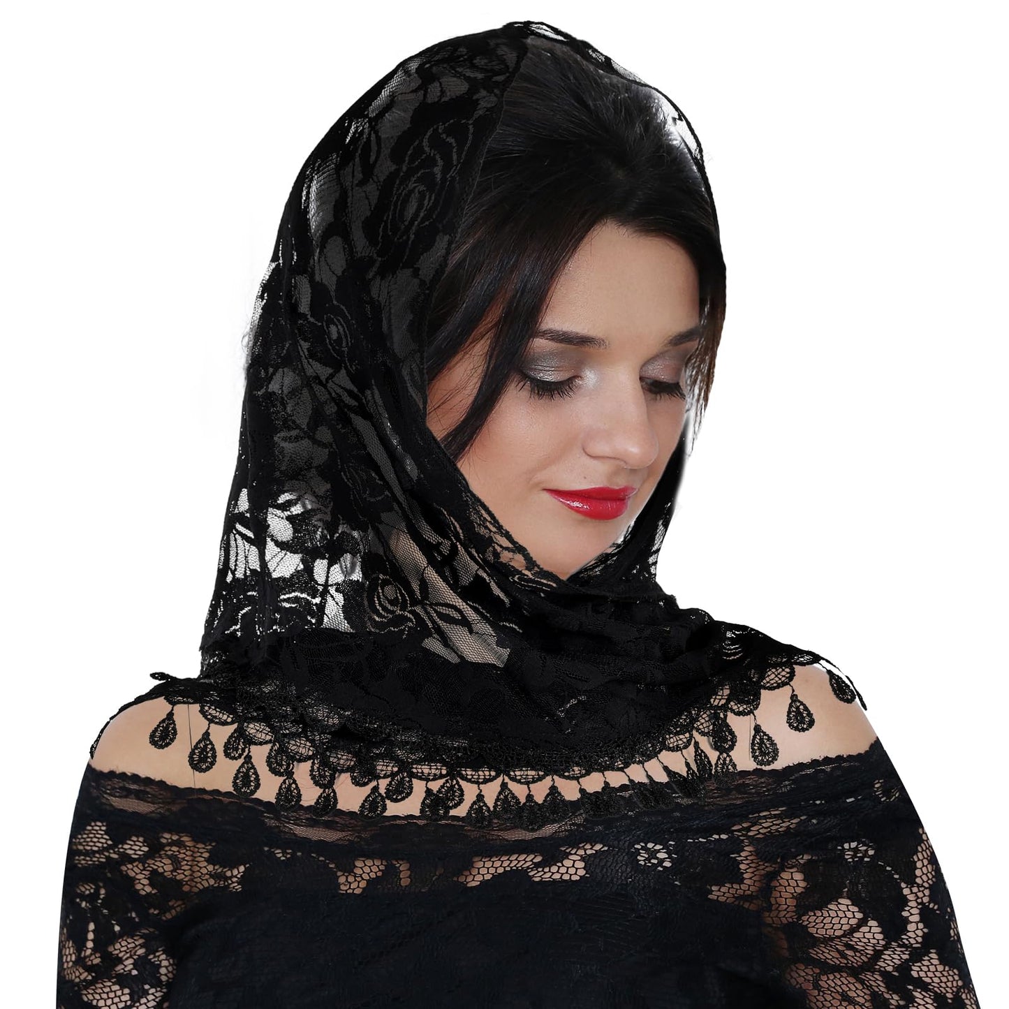 Sibba Triangle Veil Lace Head Covering Chapel Scarf Embroidery Headpiece Grace Bridal Veils Elegance Tulle Floral Hair Accessories Fit Party Birthday Wedding Masquerade(Black)